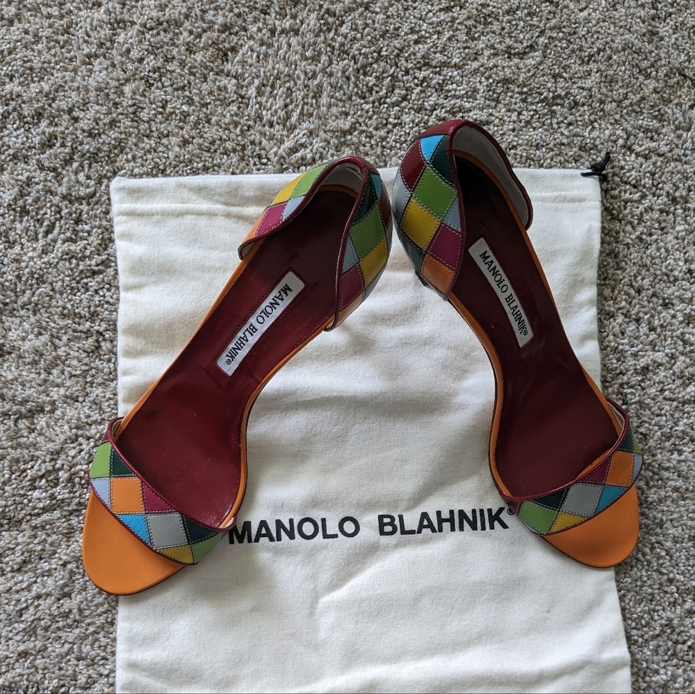 Manolo Blahnik Multicolor Patchwork Open-Toe Heels